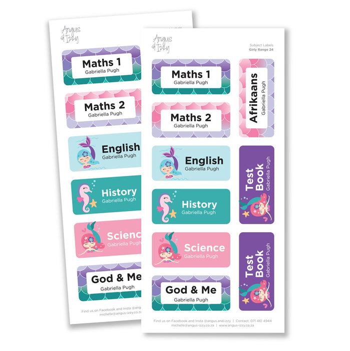 Subject Labels - Girly Range 24 Subject Labels Angus & Izzy