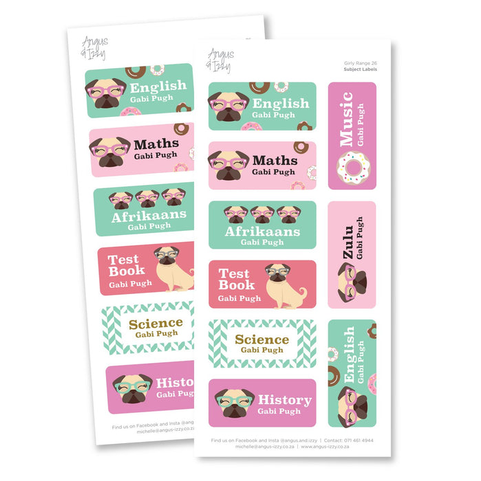Subject Labels - Girly Range 26 Subject Labels Angus & Izzy