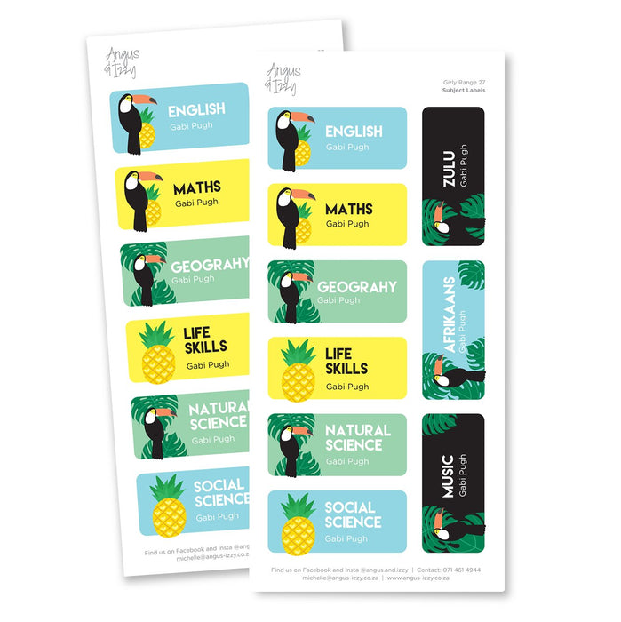 Subject Labels - Girly Range 27 Subject Labels Angus & Izzy
