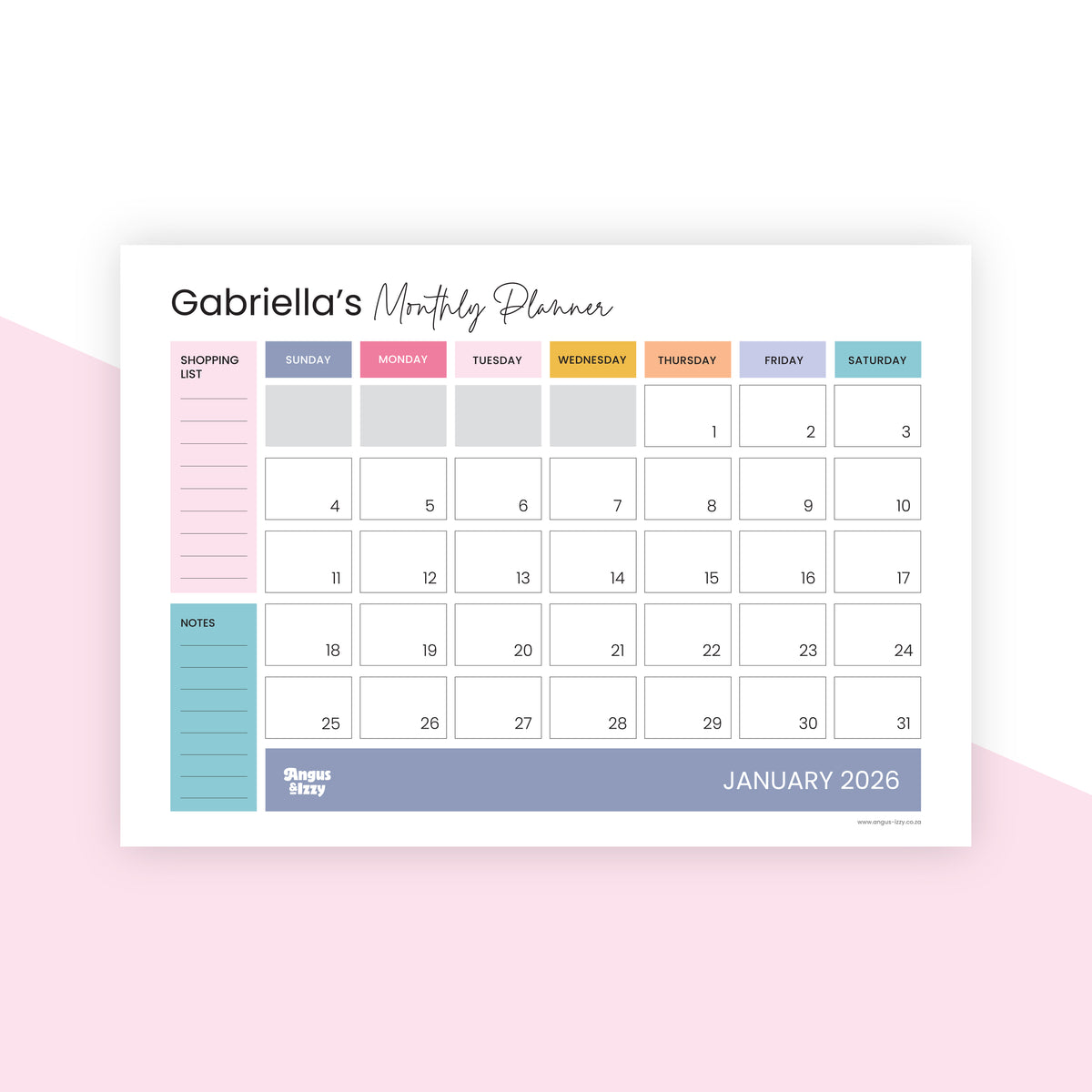 A3 Monthly Planners 2026 — Angus & Izzy