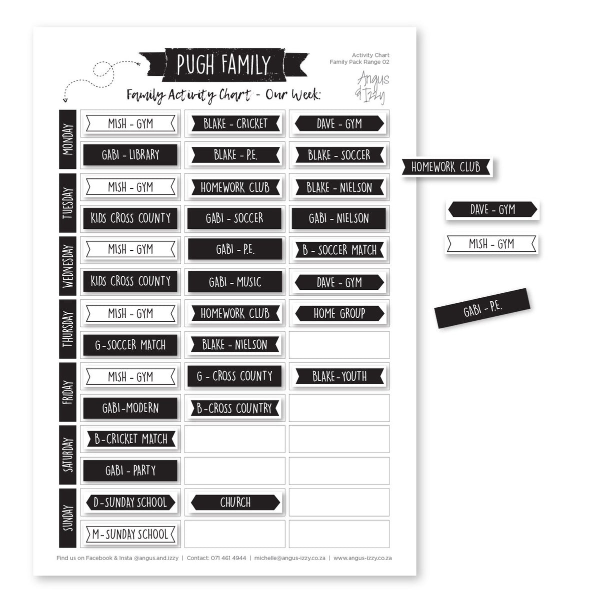 Family Activity Roster Magnetic Family Activity Chart - Monochrome Portrait F02 — Angus & Izzy