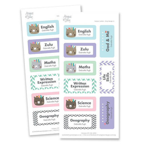 Subject Labels - Girly Range 11 Subject Labels Angus & Izzy 