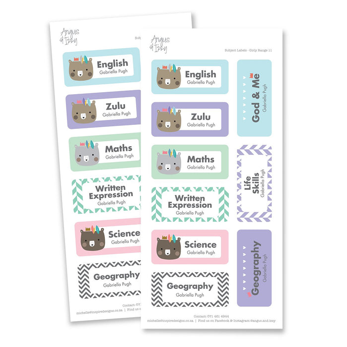 Subject Labels - Girly Range 11 Subject Labels Angus & Izzy 