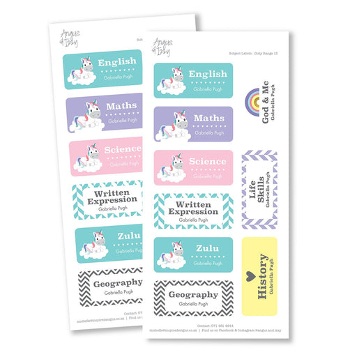 Subject Labels - Girly Range 12 Subject Labels Angus & Izzy 