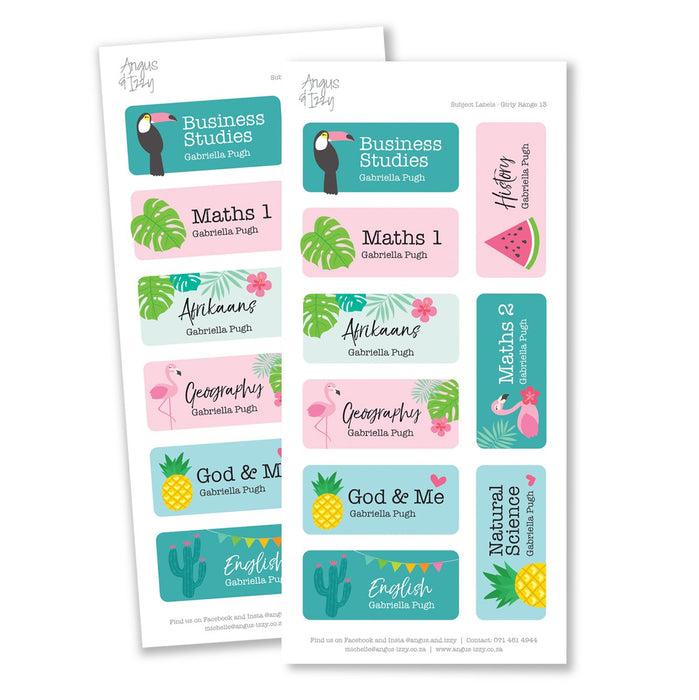 Subject Labels - Girly Range 16 Subject Labels Angus & Izzy 