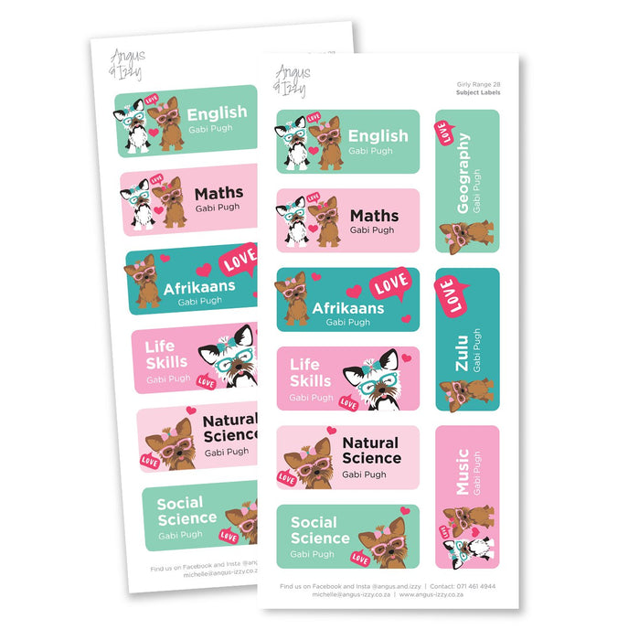 Subject Labels - Girly Range 28 Subject Labels Angus & Izzy 
